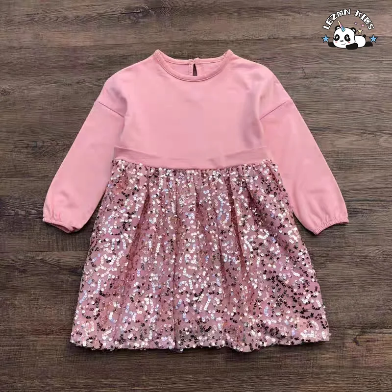 LEZONKIDS - Customizable New Fashion Customization Girls Long Sleeves Fancy Casual Dress Pink Sequin Dress Kids